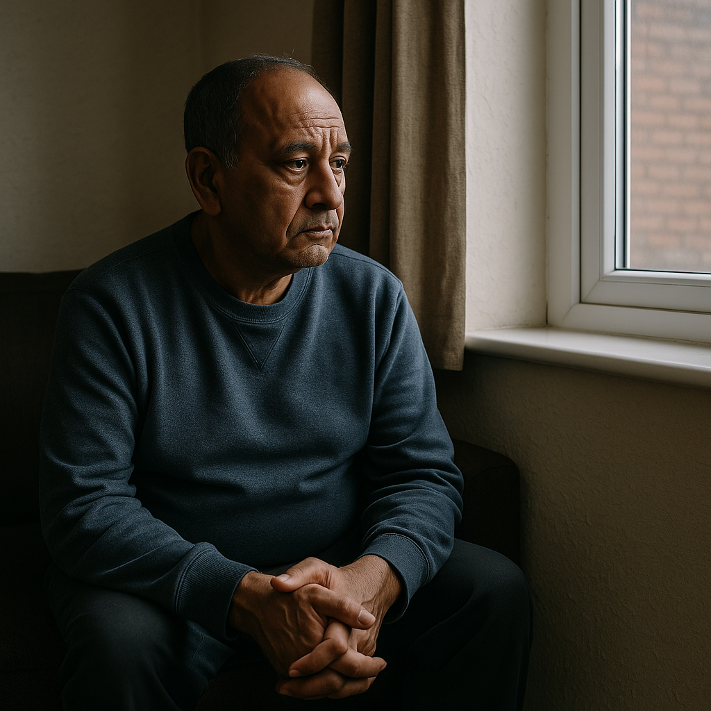 Man sitting by a window looking concerned, representing the emotional impact of housing issues such as damp, mould, or safety concerns on residents