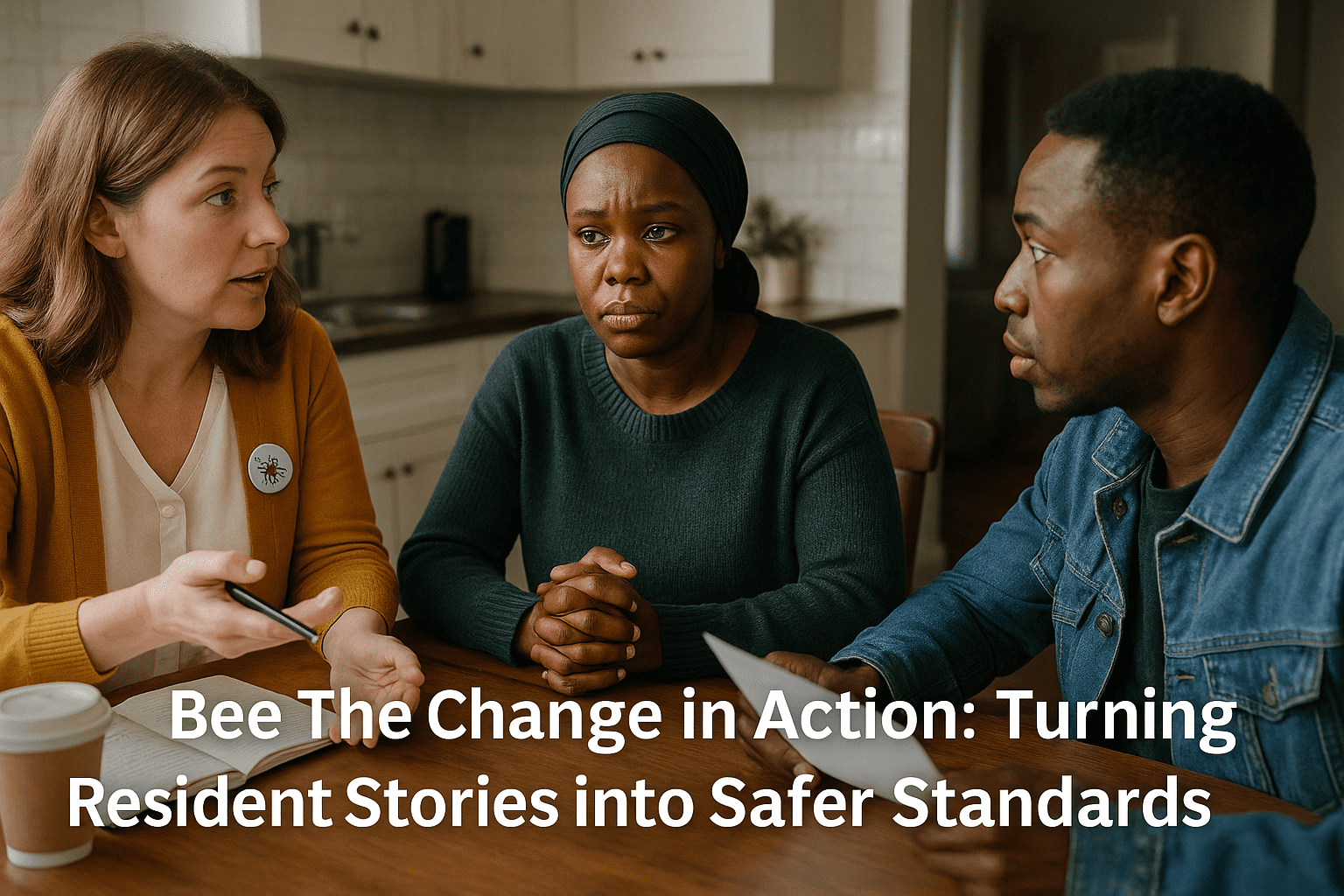 A facilitator sits with two residents around a table in a home setting, guiding a focused and respectful discussion. The residents listen and respond thoughtfully, sharing their experiences. The scene represents how Bee The Change uses facilitated conversations to turn resident stories into actionable insights that inform safer standards and service improvements.