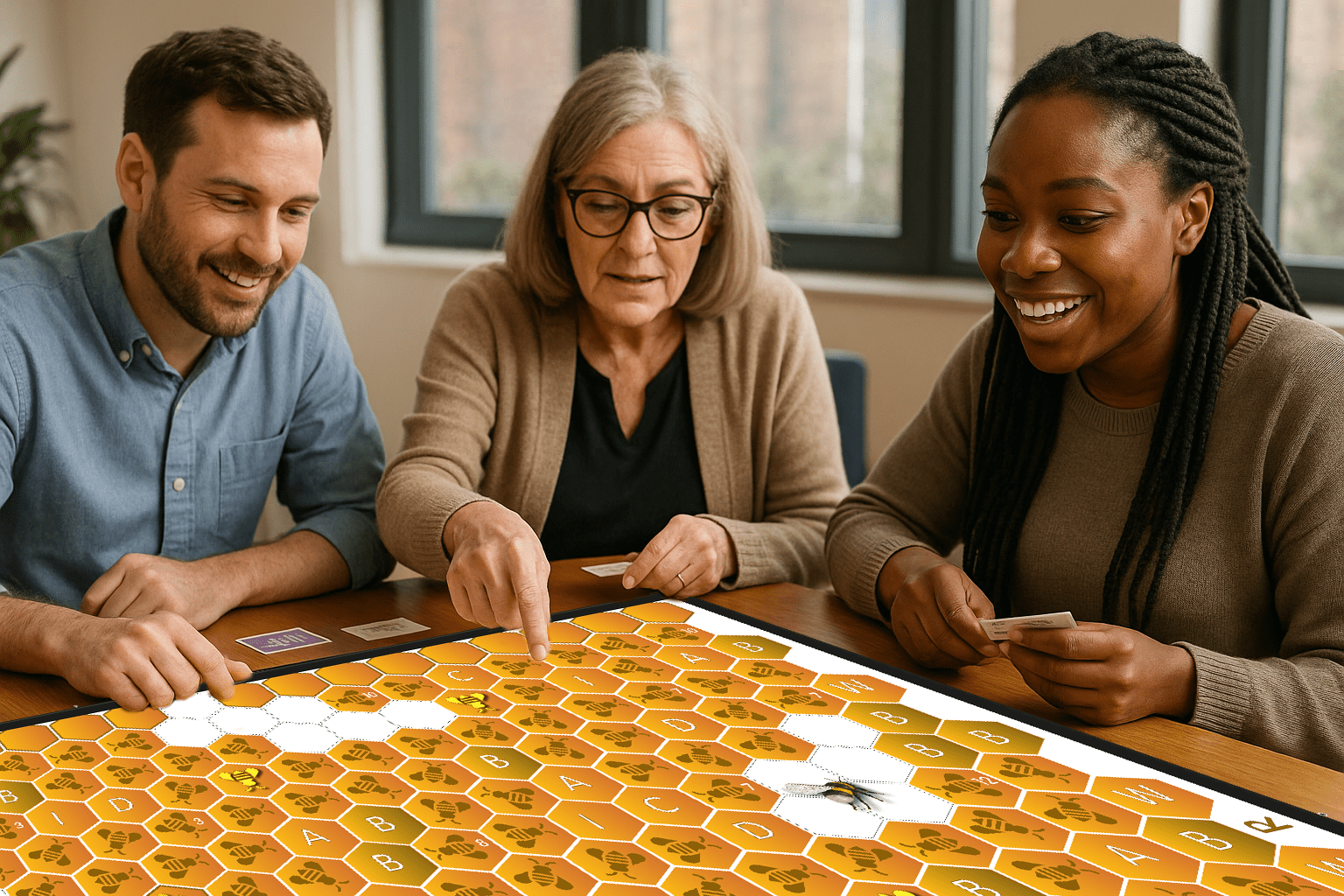 A diverse group of adults sit around a table playing a Bee The Change board game designed with a honeycomb pattern. They point to different sections of the board and smile as they interact, demonstrating how gamified consultation can create a relaxed environment for facilitated discussions and help uncover silent or underrepresented voices.