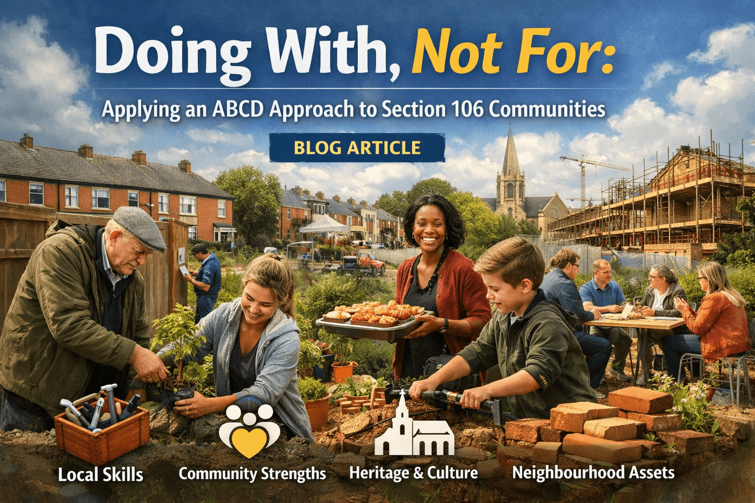 Community members working together on local projects using an ABCD approach, highlighting doing with not for and strengthening neighbourhood assets and resident voice