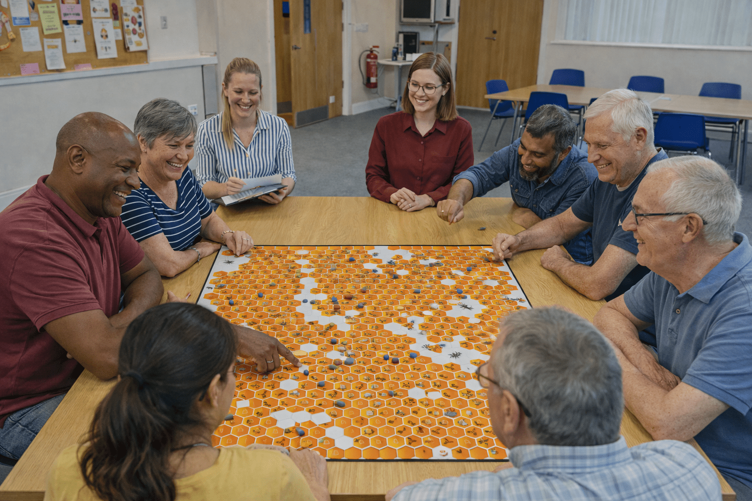 Bee The Change community investment session with residents collaborating around the honeycomb board while facilitator encourages discussion and researcher captures feedback