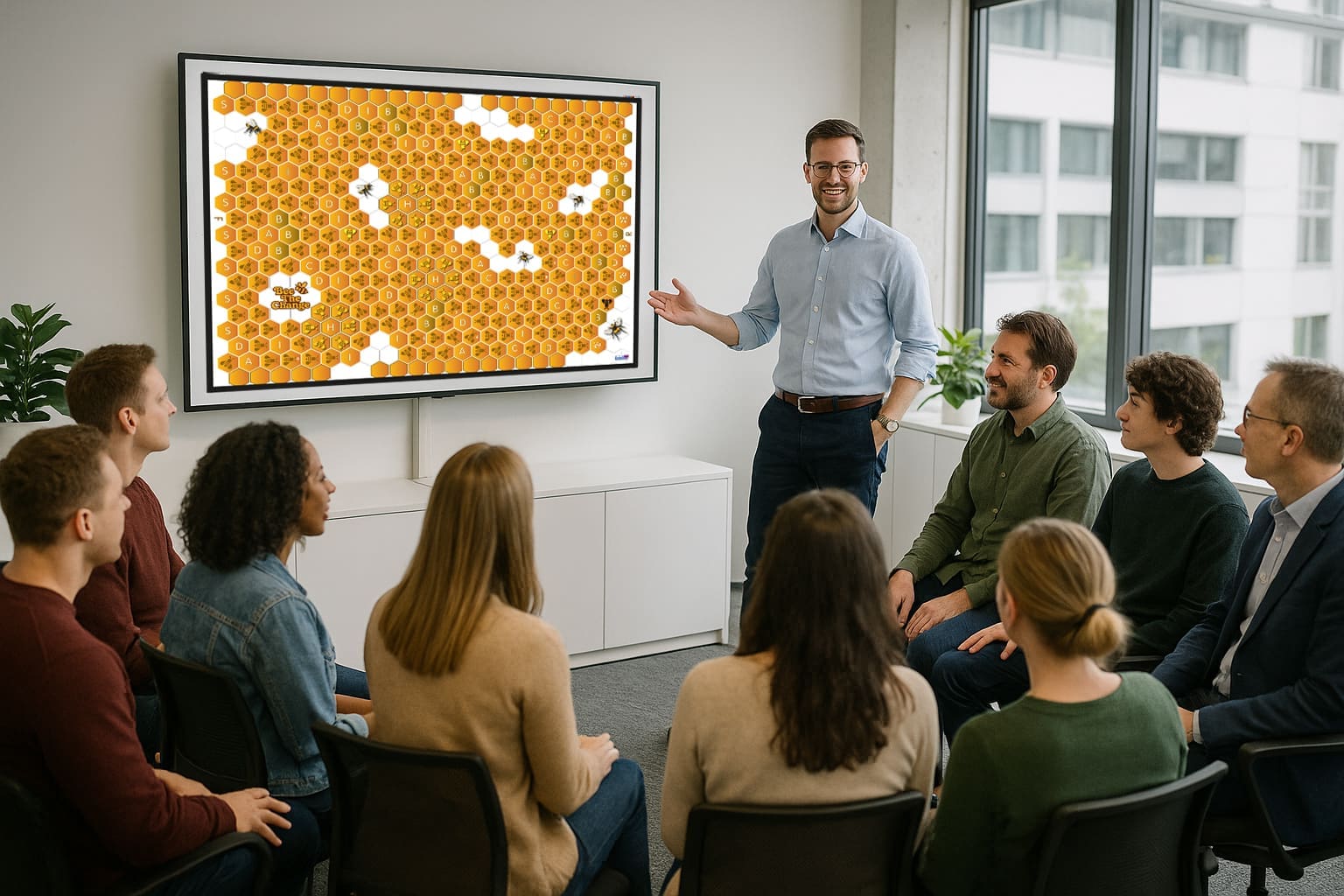 Bee The Change facilitator leading a training session using the honeycomb board to support customer influence and collaborative decision making