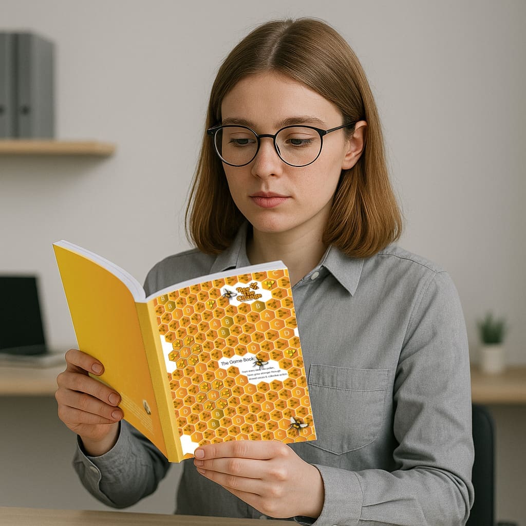 Bee The Change support book being read by participant to understand facilitated engagement, resident voice and influence techniques