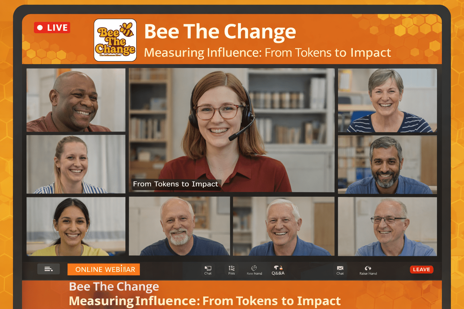 A virtual meeting screen displays multiple participants in a structured video grid, with a central speaker wearing a headset. The session is titled “Bee The Change – Measuring Influence: From Tokens to Impact,” representing a professional learning environment where housing staff and residents explore how to capture, evidence, and report resident voice and influence through structured engagement approaches.