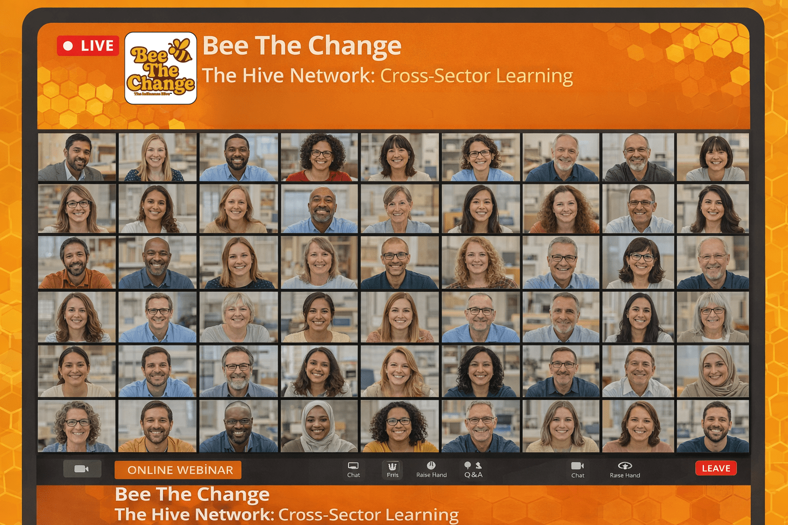 A virtual meeting interface shows a large grid of participants from varied ages, ethnicities, and professional backgrounds. The banner reads “Bee The Change – The Hive Network: Cross-Sector Learning.” The image represents a large-scale online event bringing together housing associations, local authorities, community organisations, and residents to exchange ideas, share outcomes, and build partnerships that strengthen resident voice and influence across the sector.
