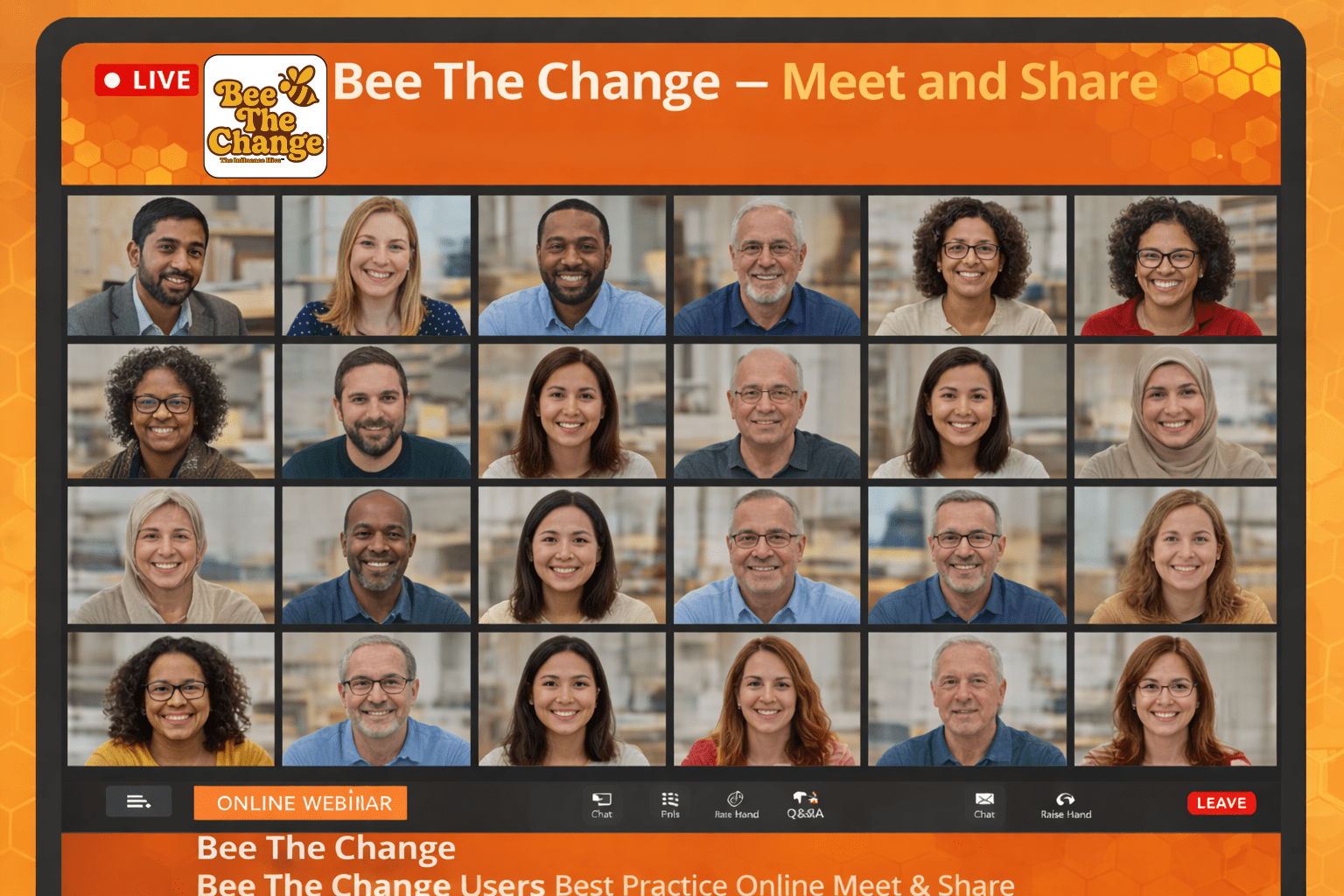 A virtual meeting interface shows multiple participants arranged in a grid, representing a diverse group of housing professionals. The banner reads “Bee The Change – Meet and Share,” indicating a collaborative online event where participants exchange practical insights, share workshop experiences, and explore innovative approaches to resident engagement and customer influence across the housing sector.